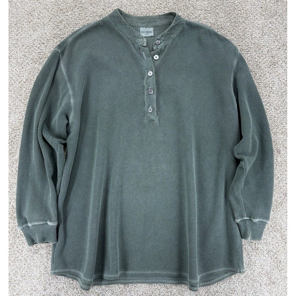 Russ Berens Textured Cotton Henely M Green Cotton Minimalist Coastal Lagenlook